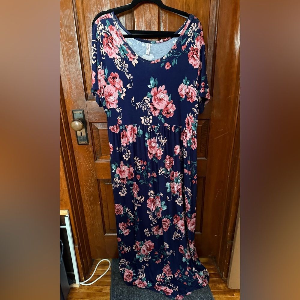Grecerelle Maxi Dress 3XL Navy Blue Floral Short Sleeve Jersey Plus Size EUC